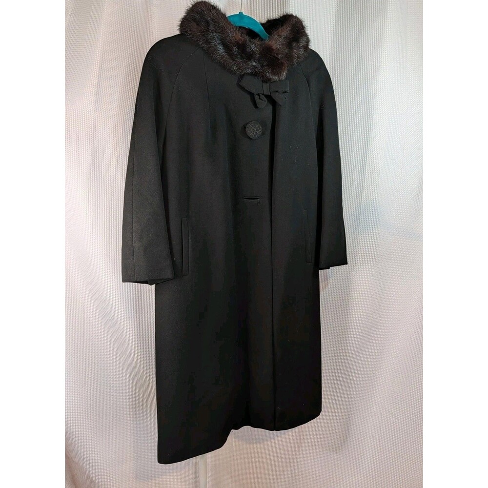 Vintage Princess Coat Sz L 50s 60s Black Wool Brown Fur Collar Swing (P01)